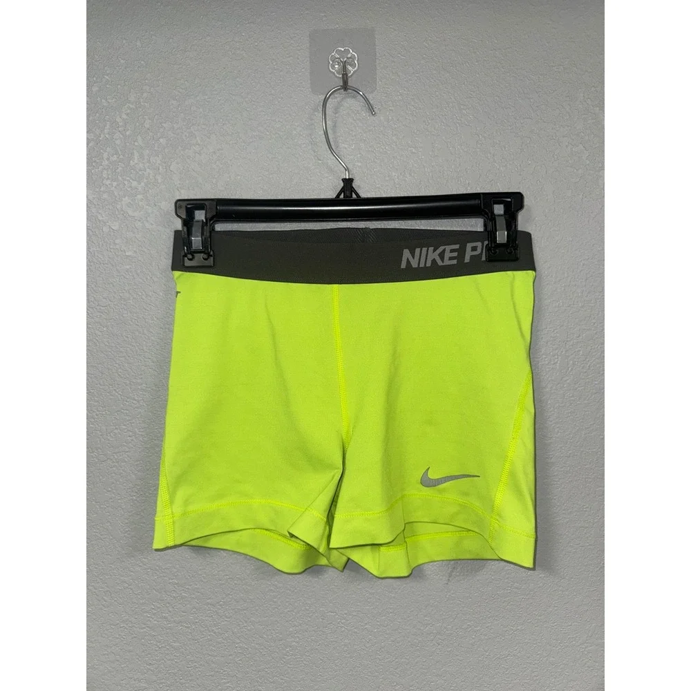 Nike Pro Womens Volt Yellow Compression Shorts Neon Athletic Gym Training Size M